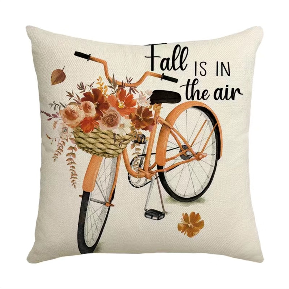 1pc Autumn Bike Flower Pattern Fall Is In The Air Linen Blend Throw Pillow Cover